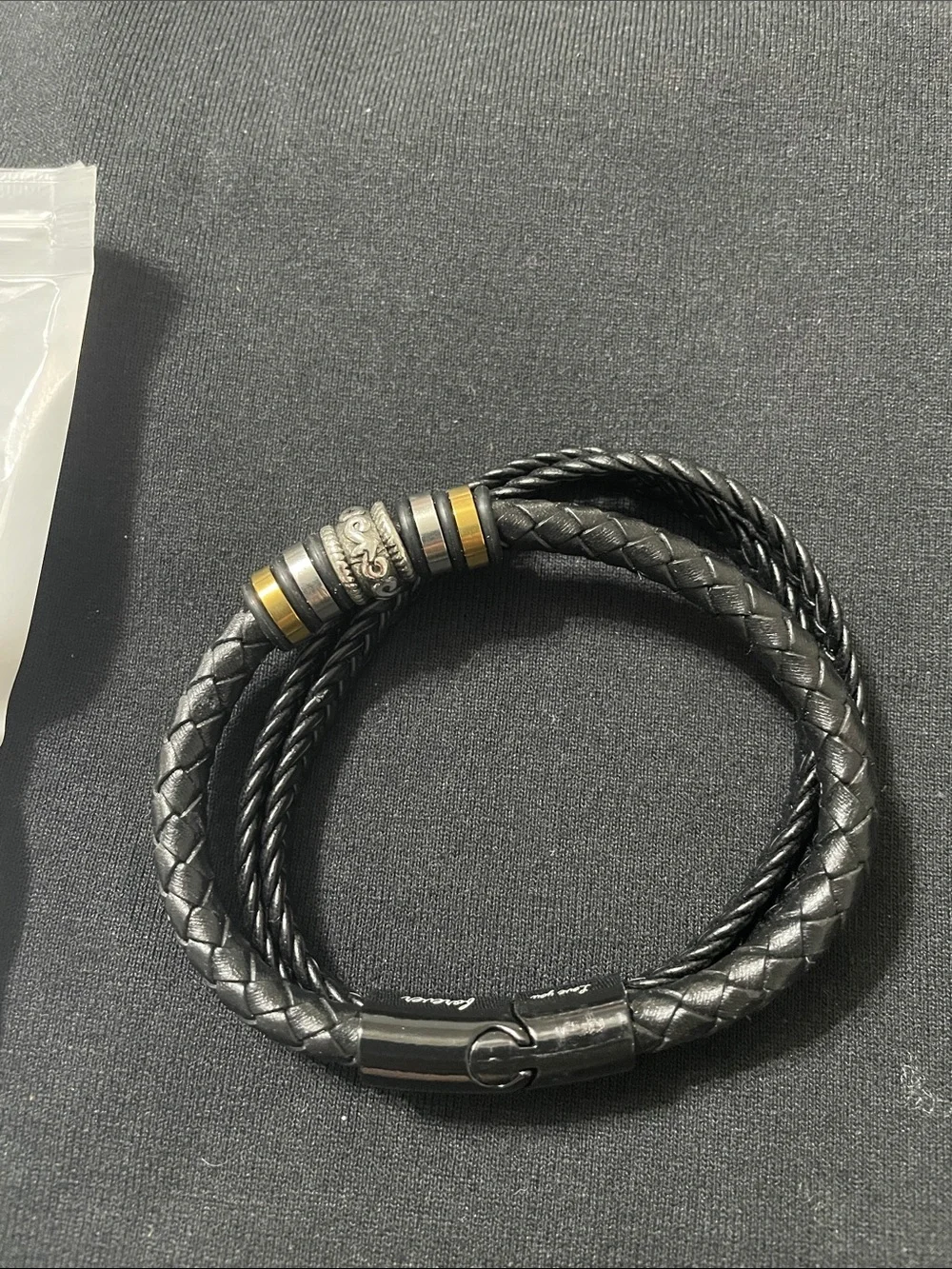 Black Braided Leather Double-Wrap Bracelet with Gold & Silver Accents